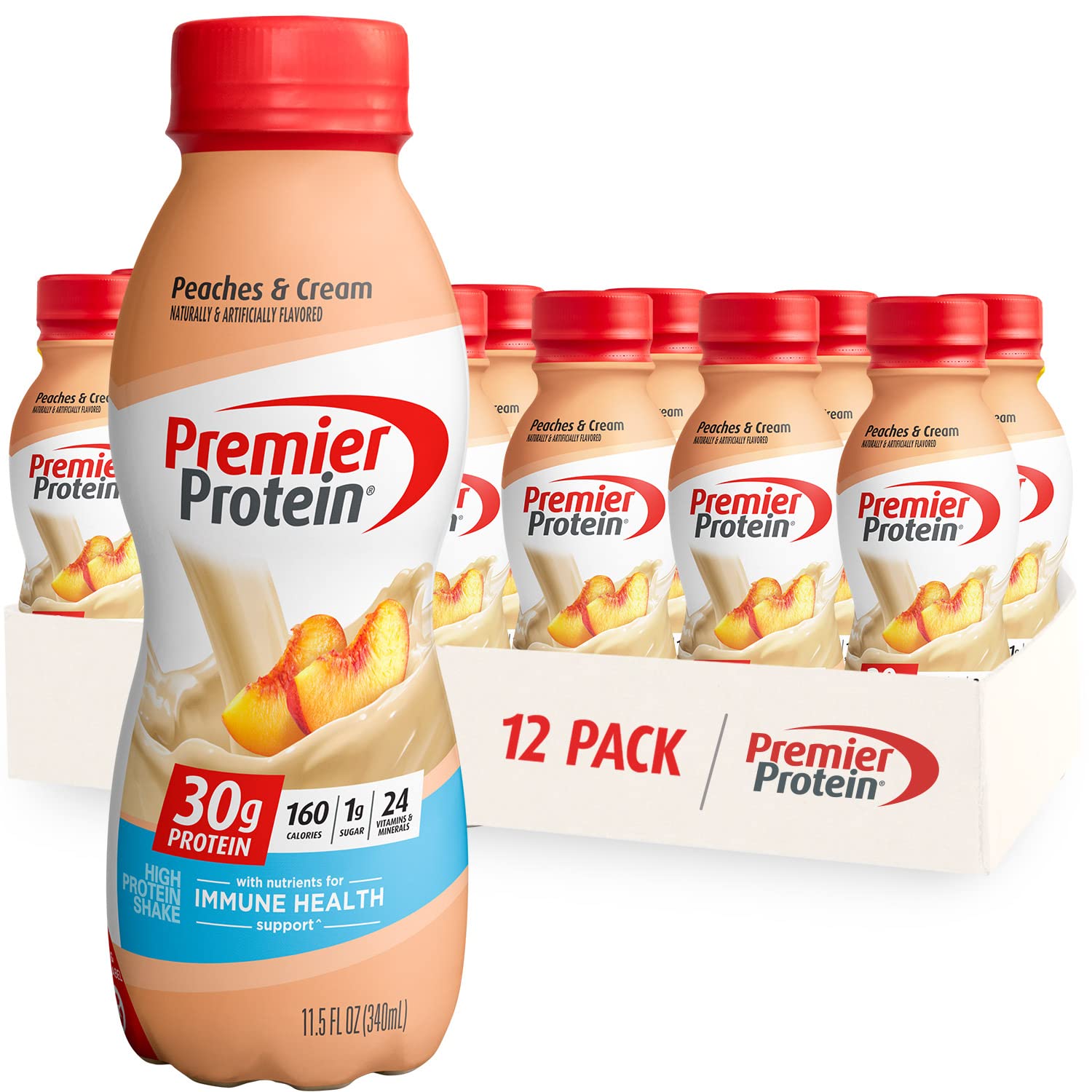 Premier Protein Shake 30g 1g Sugar 24 Vitamins Minerals Nutrients to Support Immune Health, Peaches & Cream, 11.5 Fl Oz (Pack of 12), Total 138 Fl Oz
