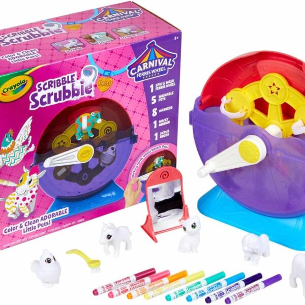 Crayola Scribble Scrubbie Pets Carnival Playset – Spin & Wash Ferris Wheel, 5 Washable Pets, 8 Washable Markers, Scrub Brush & Wacky Mirror