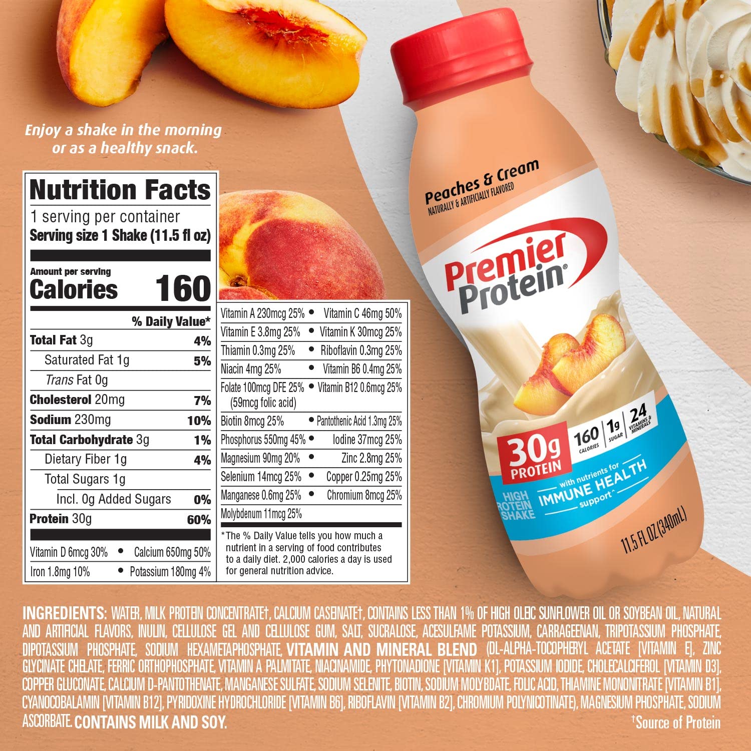 Premier Protein Shake 30g 1g Sugar 24 Vitamins Minerals Nutrients to Support Immune Health, Peaches & Cream, 11.5 Fl Oz (Pack of 12), Total 138 Fl Oz - Image 5