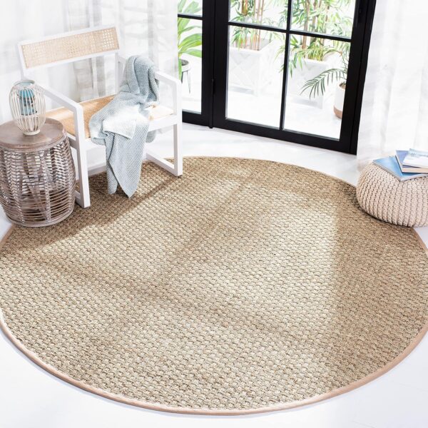 SAFAVIEH Natural Fiber Collection Area Rug – 3′ Round, Natural & Beige – Basketweave Seagrass with Border (NF114A)